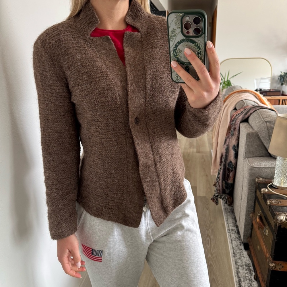 Eileen Fisher Textured Brown Knit Cardigan with Relaxed Collar